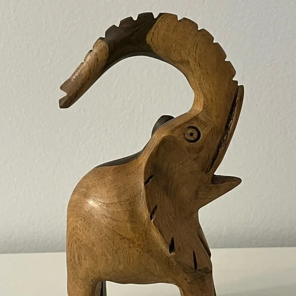 Vintage Hand Carved Wooden Elephant With Raised Trunk Good Luck Animal Figurine - Picture 5 of 10